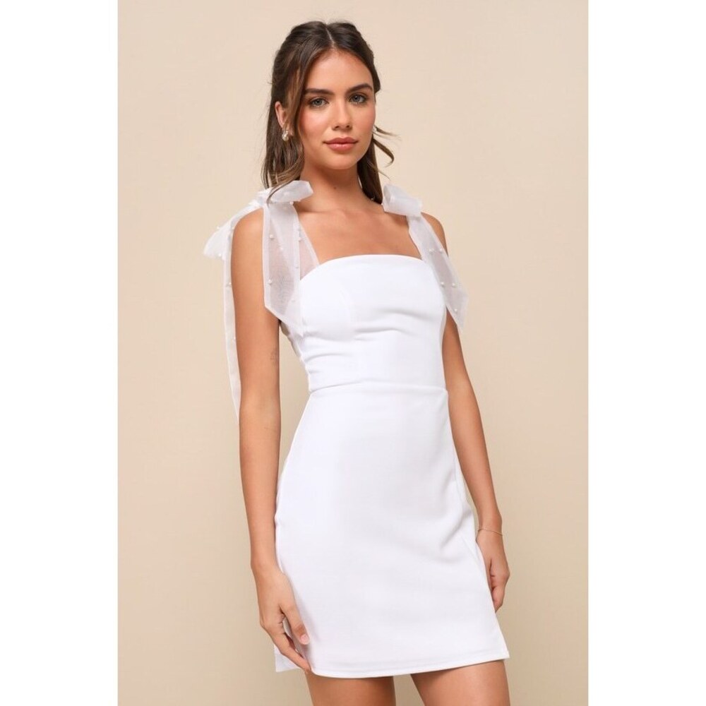 Lulus Beaming Perfection White Pearl Organza Tie-strap Mini Dress - Size XS